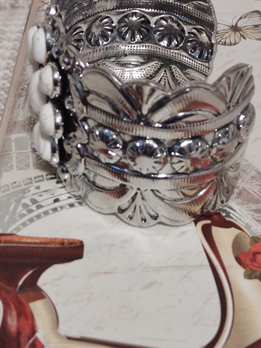 White Stone Flower Cuff Bracelet - Silver Tone - Picture 5 of 6